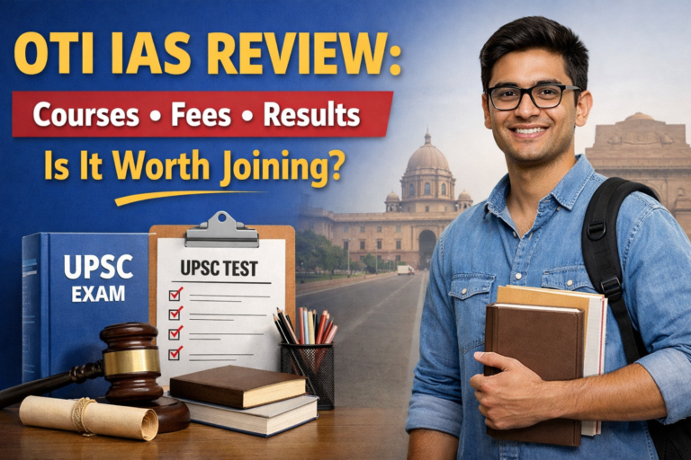 OTI IAS review banner showing UPSC preparation books, test clipboard, and student with text courses fees results and is it worth joining